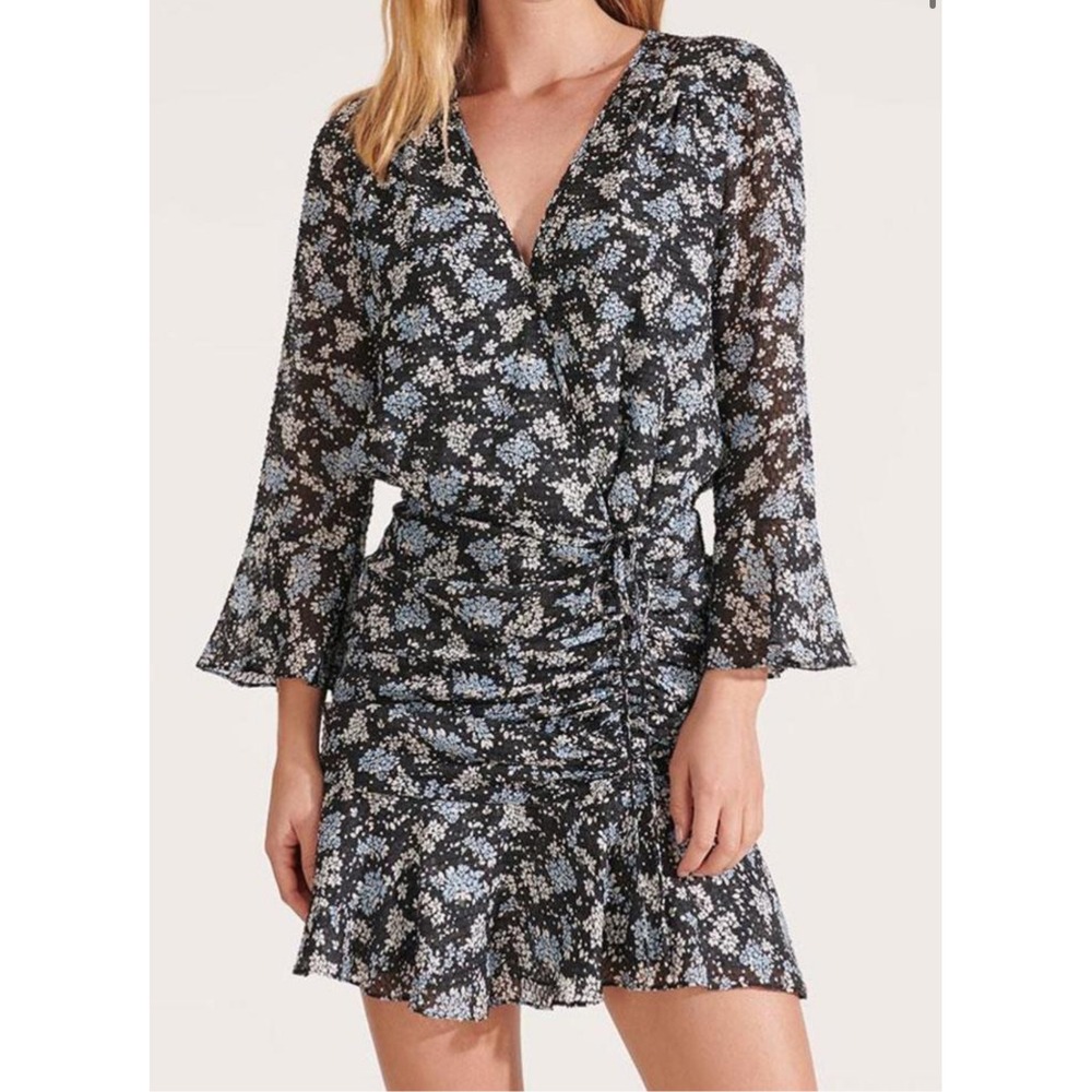 Veronica Beard Dress Sean Mini Silk Women 8 Black Blue Floral Long Sleeve Ruched